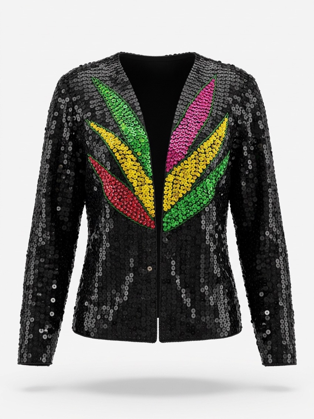 Vintage Black Sequin Blazer with Green, Yellow, Pink and Red Leaf Motif
